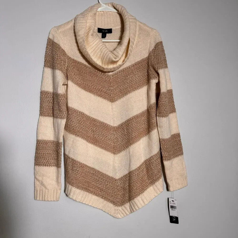 AGB Women Pullover Sweater cowl neck beige and brown with glitter strides‎ Sz S